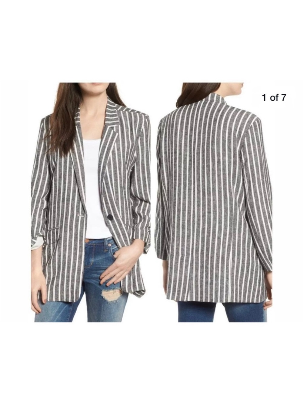 BP Striped Notch-Lapel Blazer in Gray and White
